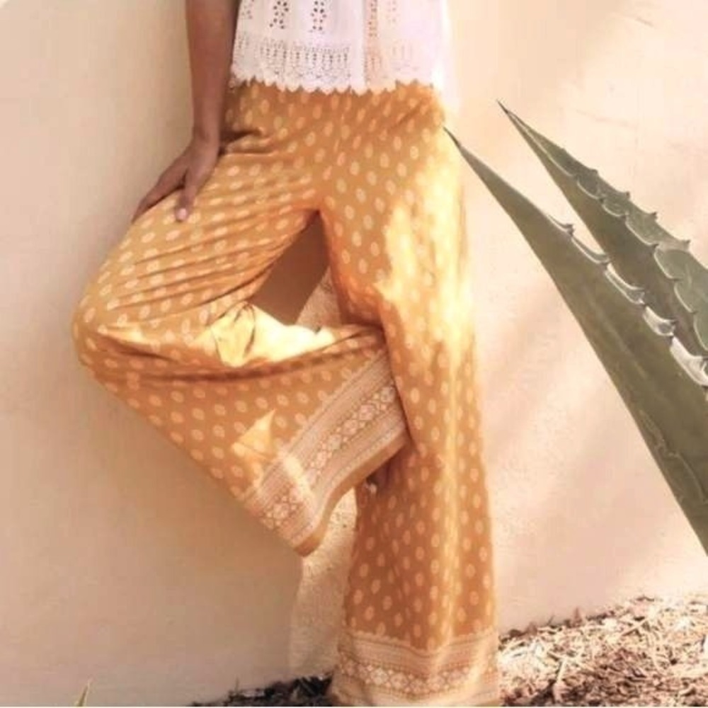 Sage Mustard Yellow Wide-Leg Pants with Polka Dot & Lace Trim